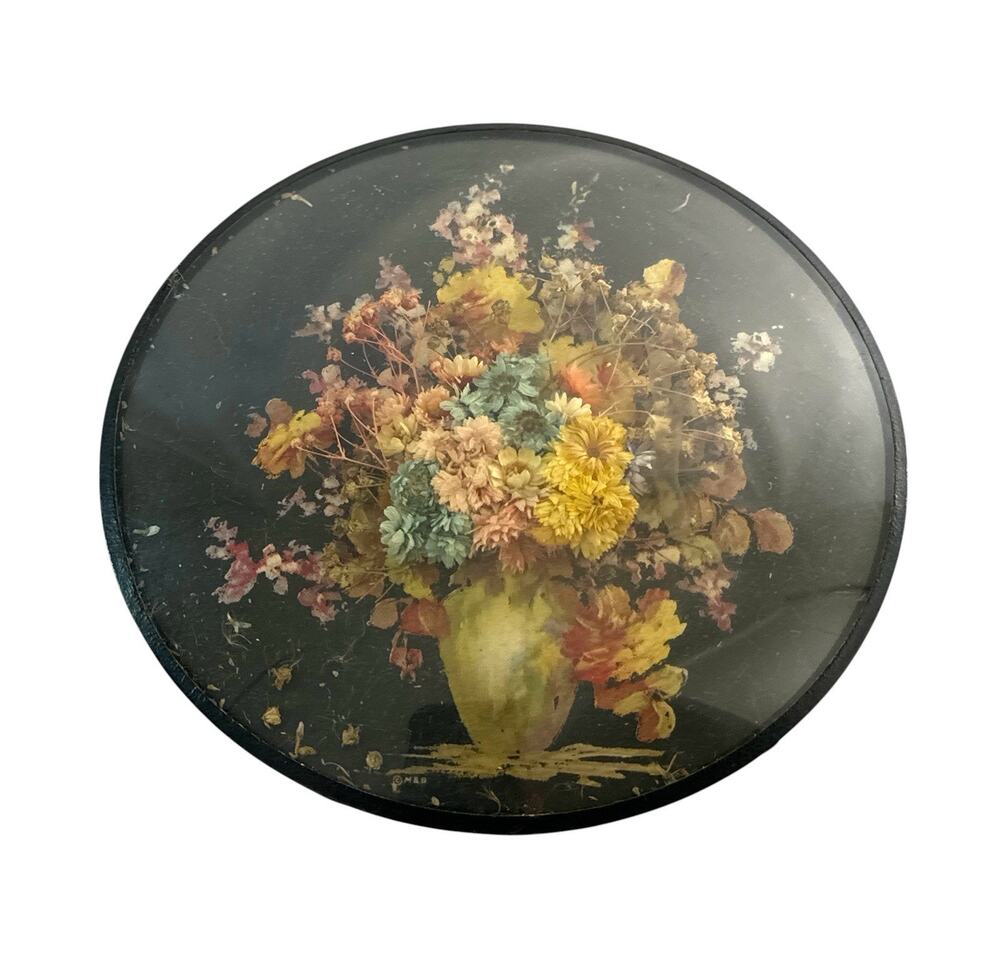 Vintage 5" Oval Bubble Glass Framed Dried Flower Arrangement Floral Wall Art